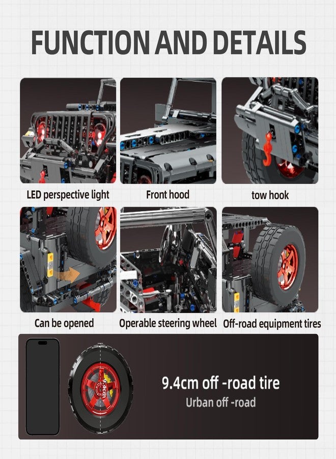 MOCBROPCS RC Off-Road SUV Wrangler Black Warrior Building Kits, 1/8 Scale Pickup Truck Car with Remote Control Lights, Challenge Building Blocks Gift for Technical Enthusiasts Adults & Teens Age 14+ (2272PCS) - Image 5